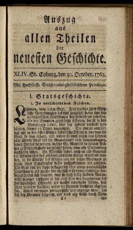 XLIV. St. Coburg, den 30. October, 1762.