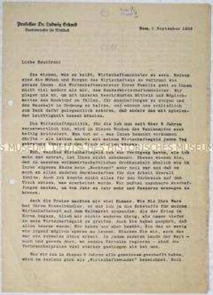 Offener Brief von Wirtschaftsminister Ludwig Erhard an die Hausfrauen mit einem Aufruf zur Unterstützung bei der Bundestagswahl am 6. September 1953