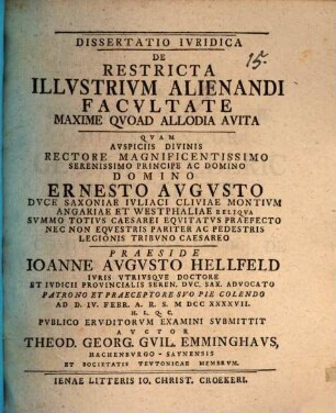 Dissertatio Ivridica De Restricta Illvstrivm Alienandi Facvltate Maxime Qvoad Allodia Avita