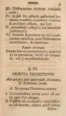 §. IV. Objecta cognitionis.