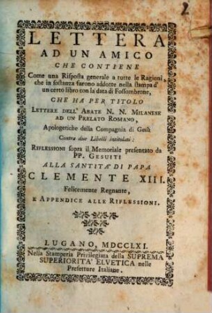 Lettera ad un amico sopra il Memoriale present da P. P. Gesuiti