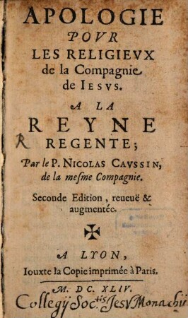 Apologie Povr Les Religievx de la Compagnie de Iesvs