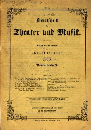 Monatschrift für Theater und Musik. 1,11, 1. 1855, Nr. 11