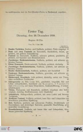 Erster Tag Dienstag, den 20. Dezember 1938, Beginn 15 Uhr (Nr. 1-266)