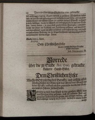 Vorrede über die zu Stade Ao.1700. gedruckte kleinere Hand-Bibel.