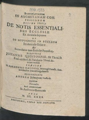 Disputationum In Augustanam Confessionem Decima Tertia De Notis Essentialibus Ecclesiae Ex Articulo Septimo Et De Hypocritis In Ecclesia Ex Articulo Octavo