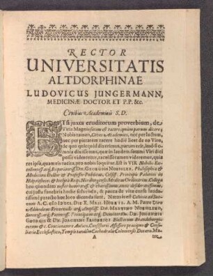 Rector Universitatis Altdorphinae Ludovicus Jungermann ....