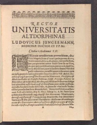 Rector Universitatis Altdorphinae Ludovicus Jungermann ....