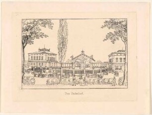Die Kopfbauten des ersten Leipziger Bahnhofes an der Leipziger Straße in Dresden-Neustadt (1839 eingeweiht) vom Vorplatz nach Norden