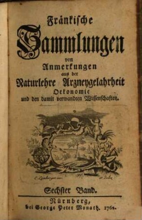 Fränkische Sammlungen von Anmerkungen aus der Naturlehre, Arzneygelahrheit, Oekonomie und den damit verwandten Wissenschaften. 6, 6 = Stück 31/36. 1762