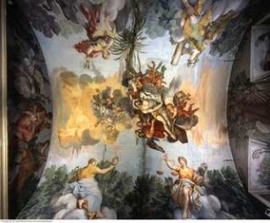 Quadraturmalerei mit Herz Jesu in der Engelsglorie, Gnadenstuhl und die vier Kardinaltugenden