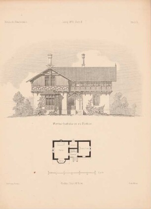 Wirtschaftsgebäude, Putbus: Grundrisse, Ansicht (aus: Architektonisches Skizzenbuch, H. 114/3, 1872)