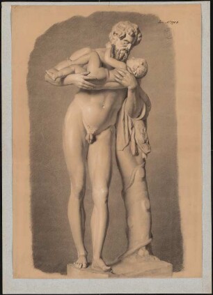 Figurenzeichnungen: männliche Figur mit Kind auf Sockel