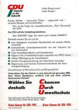 Wahlflugblatt des CDU-Parteivorstandes Berlin mit dem Schwerpunktthema Umweltschutz