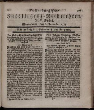 XLV. Stück. Sonnabends: den 6. November 1779.