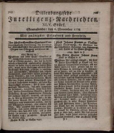 XLV. Stück. Sonnabends: den 6. November 1779.