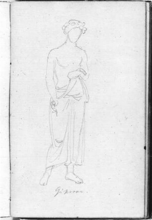 "Gipsern", Gewandfigur : Rietschel, Ernst. "Gipsern", Gewandfigur. Skizzenbuch E, fol. 20v. Bleistift, Bütten; 17,4 x 10,8 cm (Blattgröße). August 1830/März 1831. Privatbesitz. WVZ S. 309