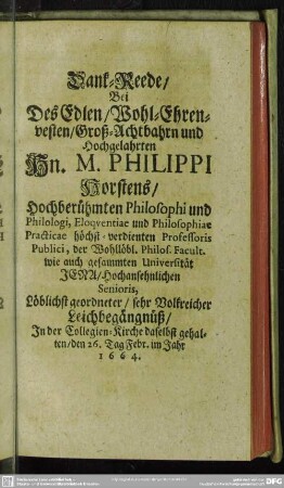 [Zehende Abdanckung] Dank-Reede, Bei ... Hn. M. Philippi Horstens ... Leichbegängnüß
