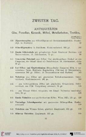 Antiquitäten. Glas, Porzellan, Keramik, Möbel, Metallarbeiten, Textilien (Nr. 138-298)