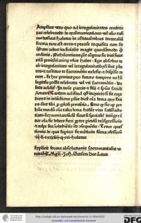 Explicit forma absolutionis sacramentalis venerabilis magistri Johannis Gerson. Deo laus.