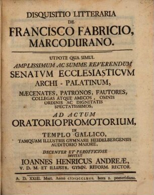 Disquisitio Litteraria De Francisco Fabricio, Marcodurano