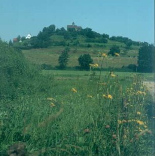 Blick über Wiesen zur Kapelle Schönberg (12. Jh.)
