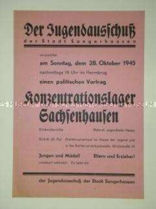 Maueranschlag zur Ankündigung eines Vortrags über das KZ Sachsenhausen