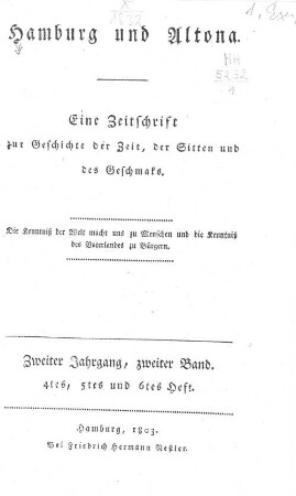 2.1803,2: Hamburg und Altona : eine Zeitschr. zur Geschichte d. Zeit, d. Sitten u.d. Geschmaks