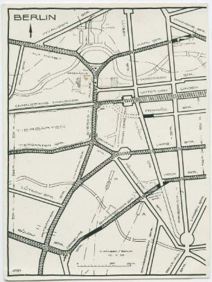 neue Verkehrsführung, Berlin-Mitte, Berlin-Tiergarten, Berlin-Kreuzberg Verkehrsregulierungsvorschläge: Plan der neuen Verkehrsführung zwischen Invalidenstraße, Mehringplatz, Friedrichstraße u. Großem Stern