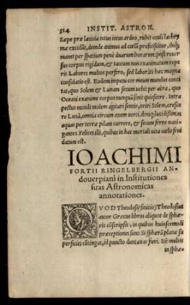 Ioachimi Fortii Ringelbergii Andoverpiani in Institutiones suas Astronomicas annotationes.