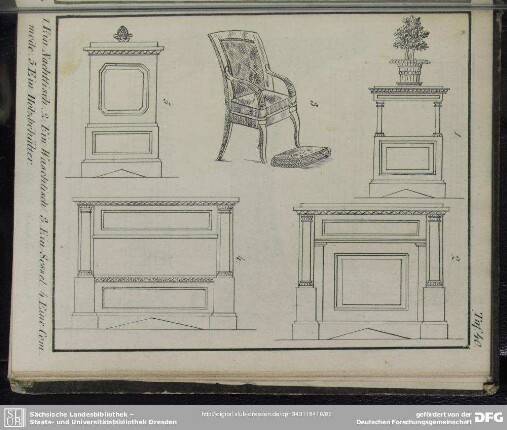 Nachttisch; Waschtisch; Sessel; Commode; Holzbehälter