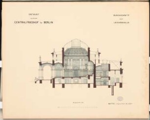 Zentralfriedhof für Berlin, Berlin-Charlottenburg Schinkelwettbewerb 1876: Leichenhalle: Längsschnitt 1:100; Maßstabsleiste