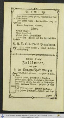 Kaiserl. Königl. Zollämter, und zwar in der Margraffschaft Burgau.