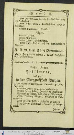 Kaiserl. Königl. Zollämter, und zwar in der Margraffschaft Burgau.