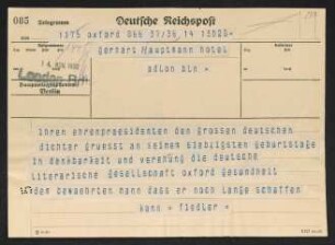 Brief von Hermann Georg Fiedler an Gerhart Hauptmann