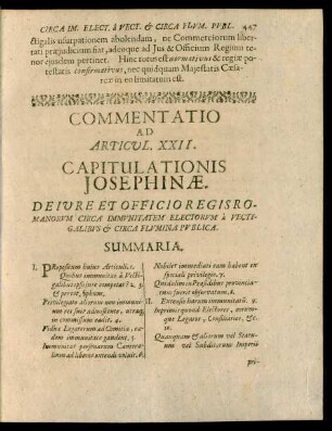 Commentatio Ad Articul. XXII. Capitulationis Josephinae. De Jure Et Officio Regis Romanorum Circa Immunitatem Electorum à Vectigalibus & Circa Flumina Publica