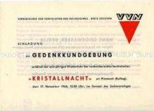 Einladung zu einer Gedenkkundgebung der VVN für die Opfer der "Kristallnacht"