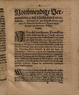 Aegidii Hvnnii Der Heiligen Schrifft Doctorn, Professsorn vnd Superintendenten zu Wittemberg, Nohtwendige Verantwortung des Christlichen Concordibuchs, Wider die im Truck ohn langst vnter D. Danielis Hoffmanni Namen außgesprengte vnerfindtliche Beschüldigung ...