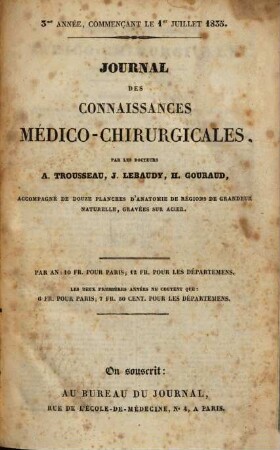 Journal des connaissances médico-chirurgicales. 1835, Juli - Dez. = Année 3