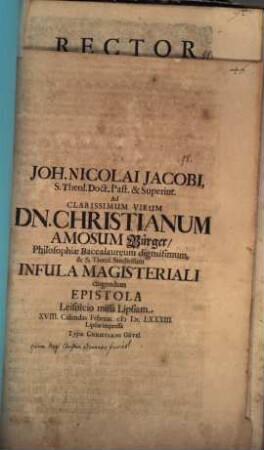 Ad Clarissimum virum Chr. Amos. Bürger, Philosophiae Baccalaureum infula magisteriali cingendum epistola : [qua disquiritur, quinam magi Christum adorantes fuerint]