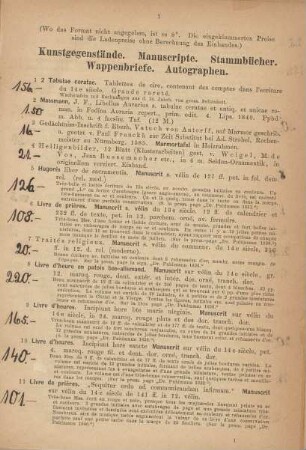 Kunstgegenstände. Manuscripte. Stammbücher. Wappenbriefe. Autographen.