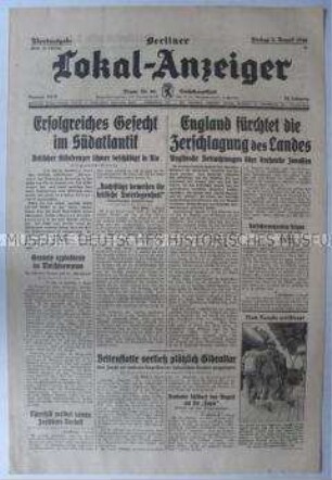 Tageszeitung "Berliner Lokal-Anzeiger" u.a. zur Zerstörung eines britischen Kreuzers vor Südamerika
