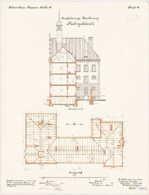 Feldartilleriekaserne, Halle/Saale: Stabsgebäude: Grundriss Dacggeschoss, Querschnitt 1:100
