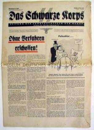 Wochenzeitung der SS "Das Schwarze Korps" mit einem Bildbericht von einem Manöver der SS-Standarte "Deutschland" im Beisein von Hitler