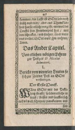 Das Ander Capitel. Von etlichen nötigen Lehren zur Pestzeit D. Nicolai Selnecceri.
