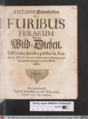 Antonii Seidenstikkers De Furibus Ferarum