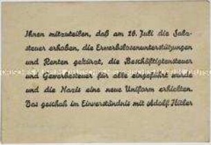 Handzettel im Layout einer imaginären Visitenkarte von Reichskanzler von Papen mit Polemik gegen die Übereinstimmung seiner Regierung mit den Nazis