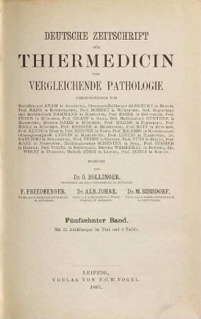 Deutsche Zeitschrift für Thiermedicin und vergleichende Pathologie. 15. 1889