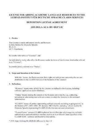 License for adding academic language resources to the Leibniz-Institut für Deutsche Sprache CLARIN services. Deposition license agreement (IDS DELA-ACA+BY+DEP 1.0)
