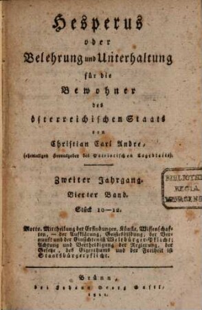 Hesperus oder Belehrung und Unterhaltung für die Bewohner des österreichischen Staats. 2,4, 2,4. 1811